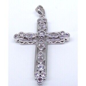Cross Pendant Clear Rhinestone Crystals Marquise Pave Silver Tone Video Sparkly!